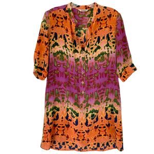 NWOT TUCKER Dress Tunic M Silk Pink Orange Watercolor Tie-Dye V 1/2Sleeve Button
